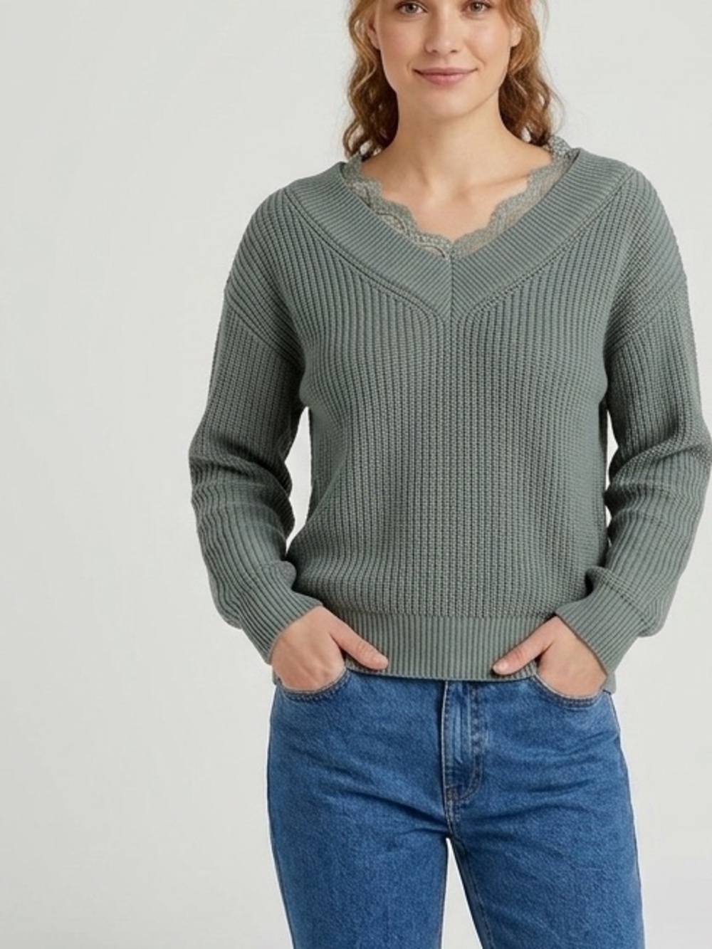 Hem & Thread Sage Green Ribbed V‑Neck Sweater with Lace Trim